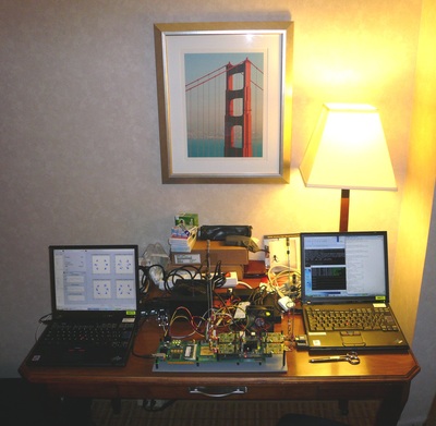 Late-night testbed preparation activities in a hotel room in San Francisco, CA, USA